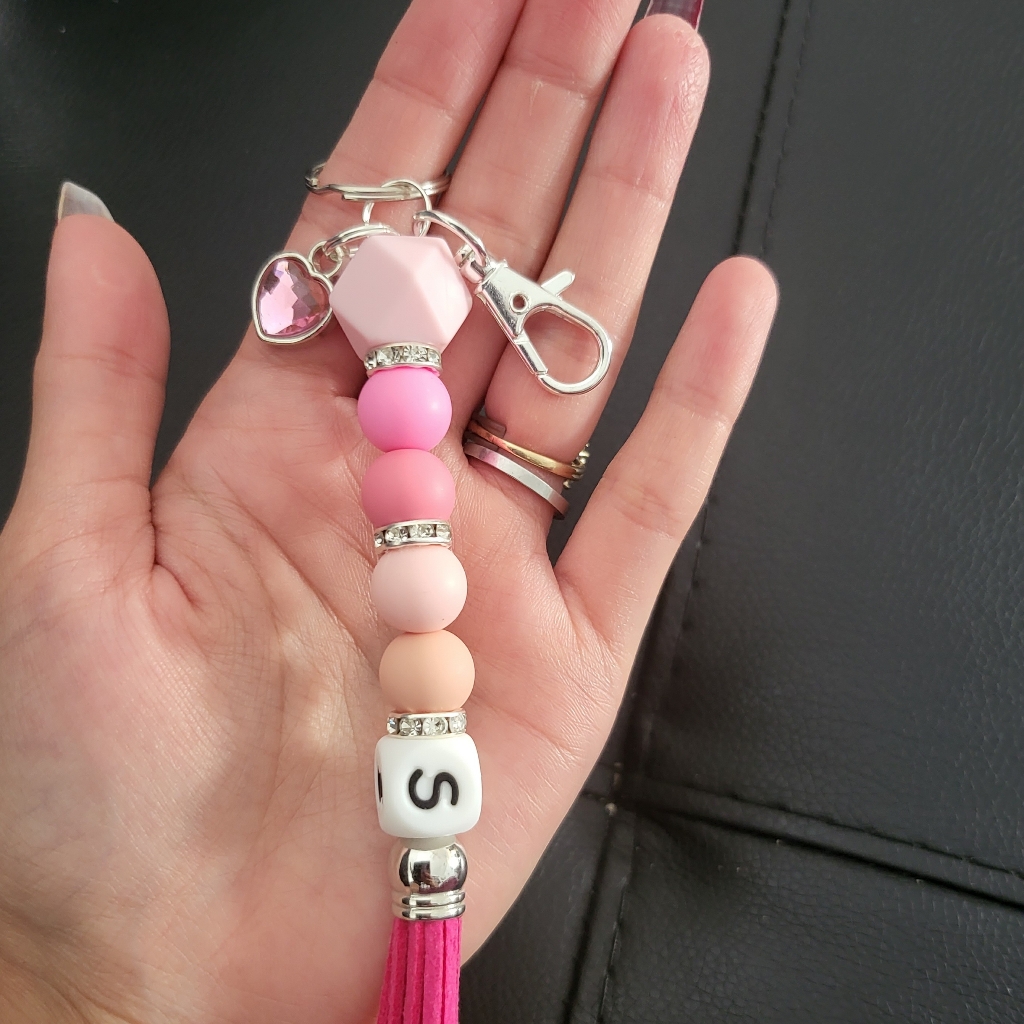 Baby Pink Sliver Bead Letter S Keychain